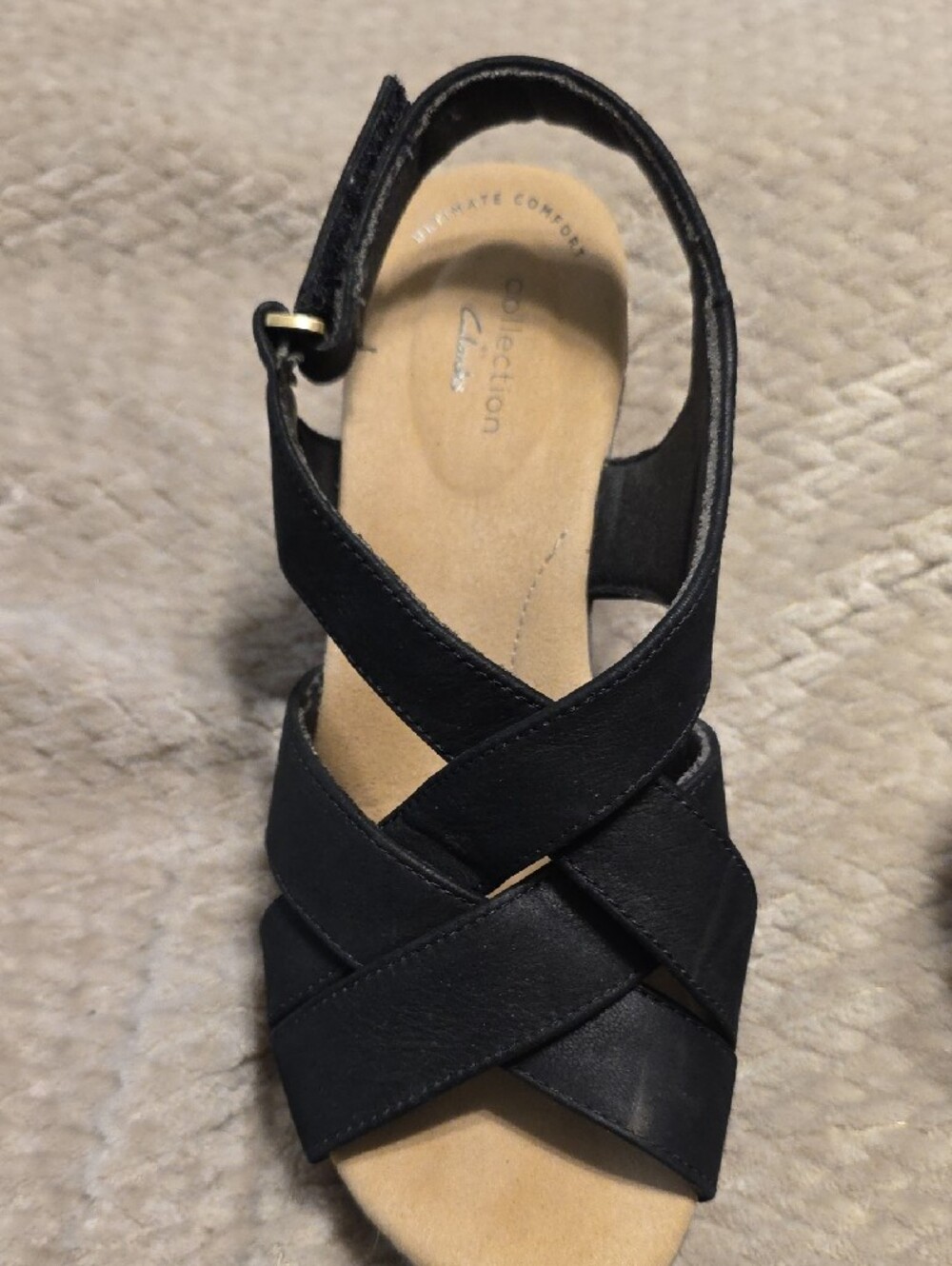 Clarks Black Leather Crisscross Wedge Sandals with Cork-Style Platform - Picture 3 of 5